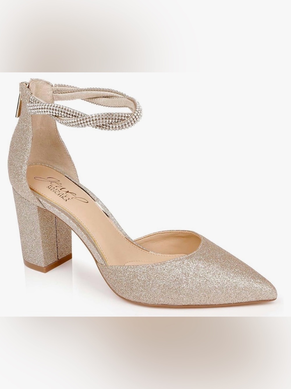 Jewel Badgley Mischka Glitter Champagne Point Block Heel size 8 Ankle-NWT